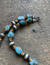 Load image into Gallery viewer, Sterling Silver Turquoise Nuggets W Spiny Oyster Bead Necklace 18 inch