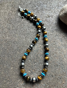 Sterling Silver Tiger’s Eye W Pearls Bead Necklace. 19 Inch. Gift