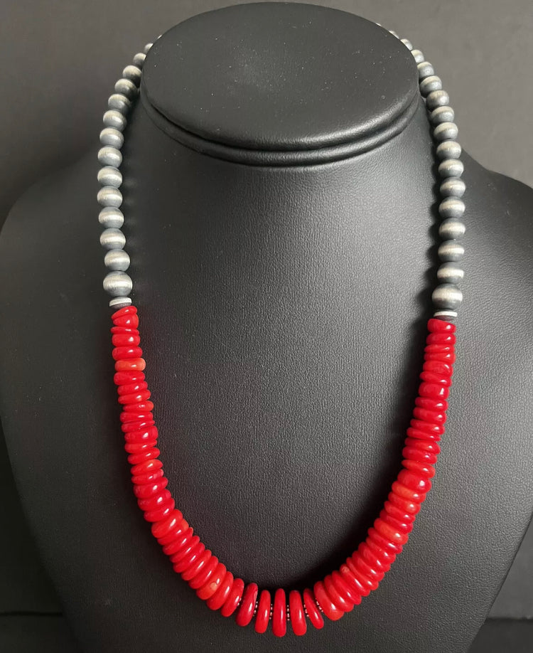 Sterling Silver Red Coral Bead Necklace 18 inch