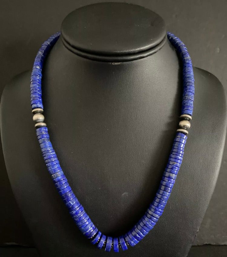 Sterling Silver Lapis Heishi Bead Necklace. 18 inch