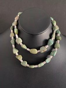 Sterling Silver Green Turquoise Nuggets with Heishi Bead Necklace. 36 inch