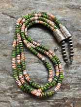 Load image into Gallery viewer, Sterling Silver Multi Strand Green Turquoise Spiny Oyster Bead Necklace. 20 inch