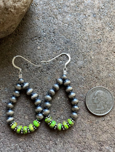 Sterling Silver Green Turquoise W Pearls Bead Loop Earrings.
