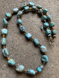 Sterling Silver Turquoise Nuggets Heishi Bead Necklace 25 Inch