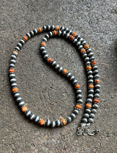 Load image into Gallery viewer, Sterling Silver Orange Spiny Oyster W 6mm Pearls Bead Necklace. 24 inch