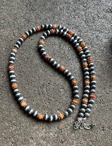 Sterling Silver Orange Spiny Oyster W 6mm Pearls Bead Necklace. 24 inch
