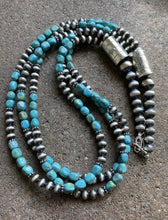 Load image into Gallery viewer, Sterling Silver Multi Strand Turquoise W Navajo Pearls Bead Necklace. 22 inch