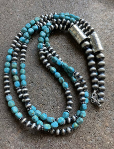 Sterling Silver Multi Strand Turquoise W Navajo Pearls Bead Necklace. 22 inch