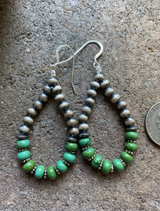 Sterling Silver Green Turquoise W Pearls Bead Loop Earrings.