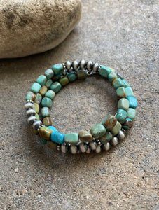 Sterling Silver Blue Green Turquoise Navajo Pearls Wrap Spiral Bead Bracelet