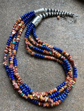 Load image into Gallery viewer, Sterling Silver Multi Strand Lapis Spiny Oyster Bead Necklace. 24 inch