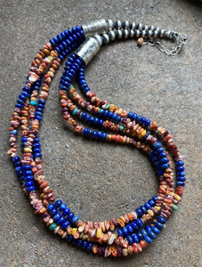 Sterling Silver Multi Strand Lapis Spiny Oyster Bead Necklace. 24 inch