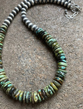 Load image into Gallery viewer, Sterling Silver Graduated Green Turquoise Bead Necklace. 18 inch