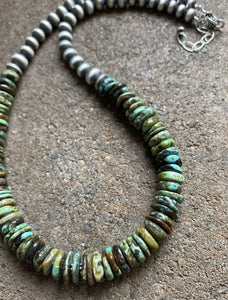 Sterling Silver Graduated Green Turquoise Bead Necklace. 18 inch