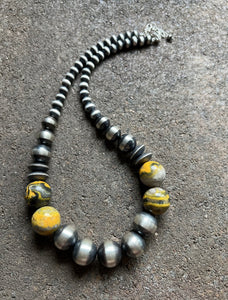 Sterling Silver Bumblebee Jasper W Pearls Bead Necklace. 18 inch