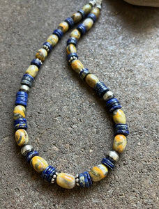 Sterling Silver Bumblebee Jasper Lapis Pearls Bead Necklace. 18 inch