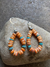 Load image into Gallery viewer, Sterling Silver Spiny Oyster Blue Turquoise Bead Loop Earrings.