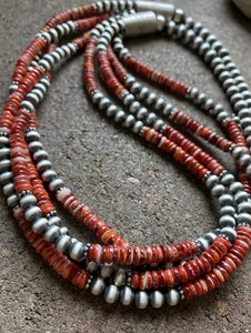 Sterling Silver Multi Strand Red Spiny Oyster Navajo Pearls Bead Necklace 26”