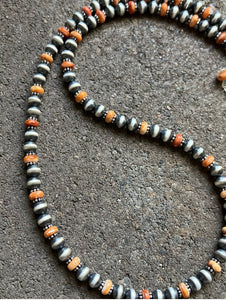 Sterling Silver Orange Spiny Oyster with 6mm Pearls Bead Necklace. 22 inch