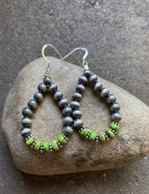 Load image into Gallery viewer, Sterling Silver Green Turquoise W Pearls Bead Loop Earrings.