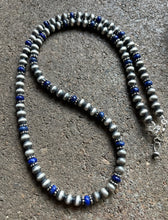 Load image into Gallery viewer, Sterling Silver Blue Lapis W 6mm Pearls Bead Necklace. 24 inch