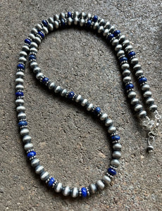 Sterling Silver Blue Lapis W 6mm Pearls Bead Necklace. 24 inch