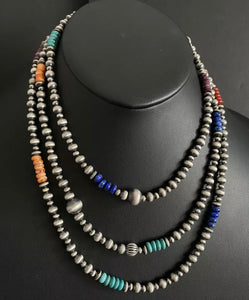 Long Sterling Silver Multi Stone Bead Necklace. 60 inch