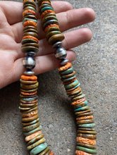 Load image into Gallery viewer, Sterling Silver Graduated Spiny Oyster Green Turquoise Bead Necklace. 18 inch