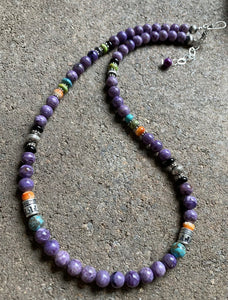 Sterling Silver Charoite Multi Stone Bead Necklace. 18.25 inch