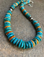Load image into Gallery viewer, Sterling Silver Turquoise W Orange Spiny Oyster Bead Necklace. 18 inch