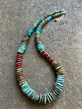 Load image into Gallery viewer, Sterling Silver Blue Green Turquoise W Red Coral Bead Necklace 19 Inch