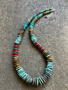 Sterling Silver Blue Green Turquoise W Red Coral Bead Necklace 19 Inch