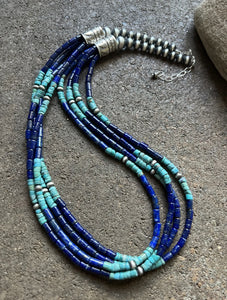 Sterling Silver Multi Strand Stone Lapis Turquoise Bead Necklace. 24 inch