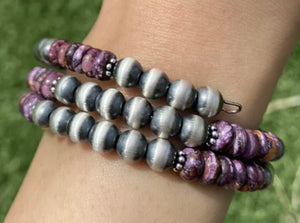 Sterling Silver Purple Spiny Oyster Pearls Bead Wrap Spiral Bracelet Free Size