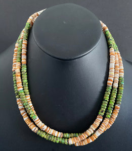 Sterling Silver Multi Strand Spiny Oyster Green Turquoise Bead Necklace. 20 inch