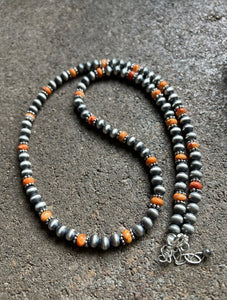 Sterling Silver Orange Spiny Oyster W 6mm Pearls Bead Necklace. 24 inch