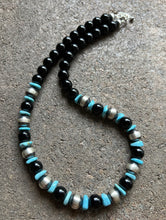 Load image into Gallery viewer, Sterling Silver Black Onyx Turquoise Bead Necklace. 18 Inch