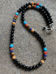 Sterling Silver Black Onyx Multi Stone Bead Necklace. 18 inch. Gift