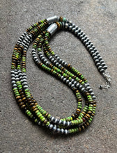 Load image into Gallery viewer, Sterling Silver Multi Strand Green Turquoise Tigers Eye Bead Necklace. 30 inch