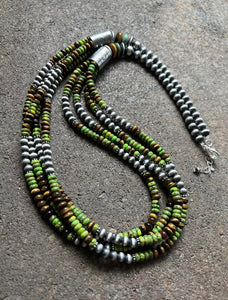 Sterling Silver Multi Strand Green Turquoise Tigers Eye Bead Necklace. 30 inch