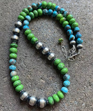Load image into Gallery viewer, Sterling Silver Blue Green Turquoise W Navajo Pearls Bead Necklace 18 inch