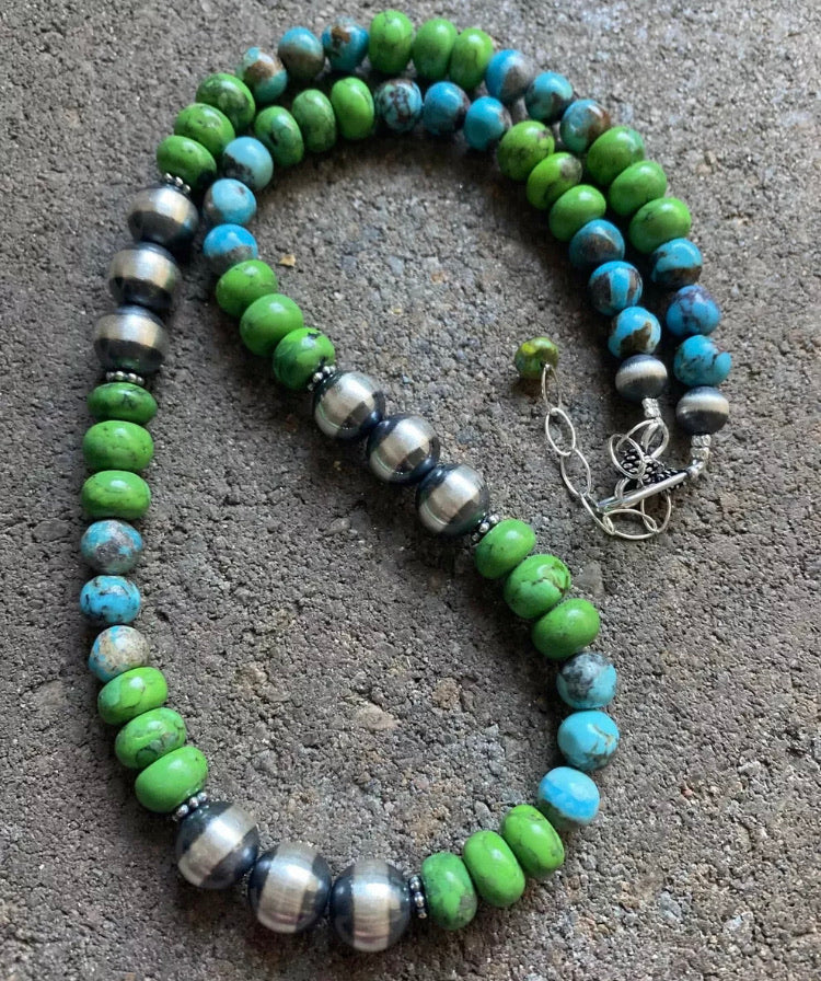 Sterling Silver Blue Green Turquoise W Navajo Pearls Bead Necklace 18 inch