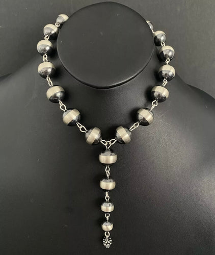 Sterling Silver 16mm Navajo Pearls Rosary Lariat Y Bead Necklace.