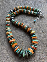 Load image into Gallery viewer, Sterling Silver Graduated Green Turquoise Spiny Oyster Bead Necklace 19 inch