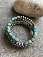 Load image into Gallery viewer, Sterling Silver Blue Green Turquoise Navajo Pearls Wrap Spiral Bead Bracelet