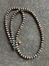Load image into Gallery viewer, Sterling Silver Orange Spiny Oyster with 6mm Pearls Bead Necklace. 22 inch