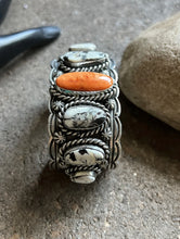 Load image into Gallery viewer, Navajo Sterling Silver Spiny Oyster White Buffalo Turquoise Cuff Bracelet. CY