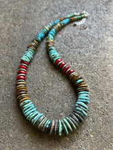 Load image into Gallery viewer, Sterling Silver Blue Green Turquoise W Red Coral Bead Necklace 19 Inch