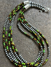 Load image into Gallery viewer, Sterling Silver Multi Strand Green Turquoise Tigers Eye Bead Necklace. 24 inch