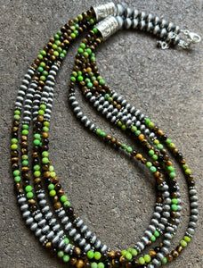 Sterling Silver Multi Strand Green Turquoise Tigers Eye Bead Necklace. 24 inch